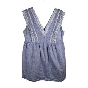 Isabel Maternity Linen Chambray Sleeveless Babydoll Top Lace Trim Embroidery M